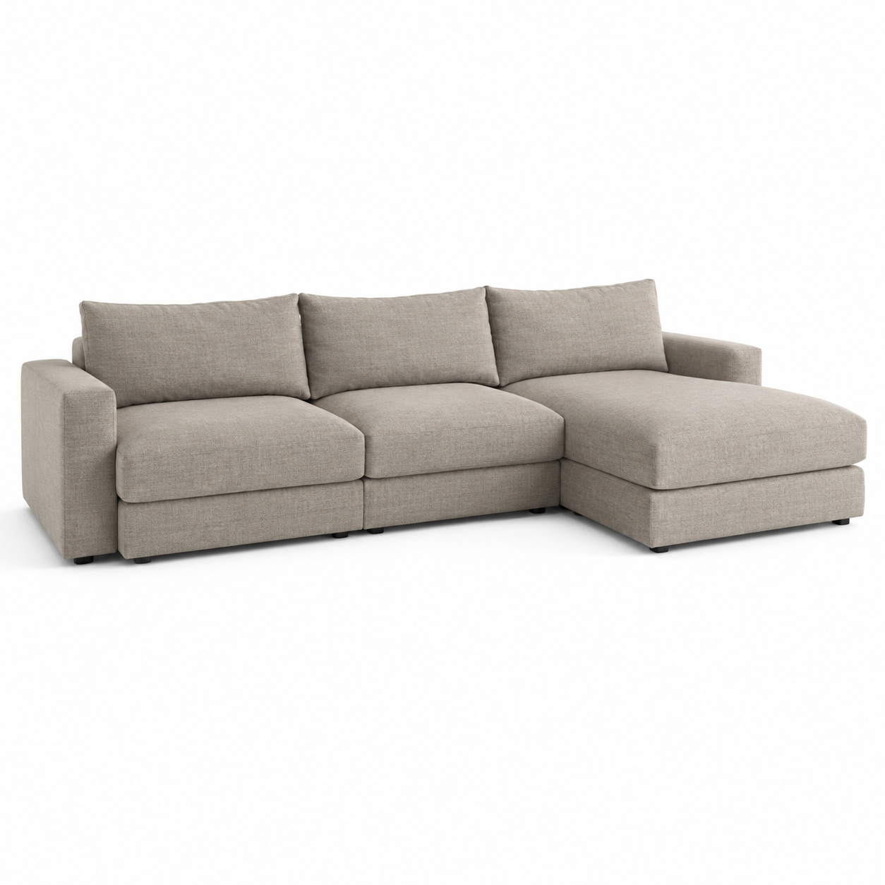 Modulares Ecksofa rechts in Sandgrau mit tiefem Sitz und breiter Ottomane-OakveraLiving
