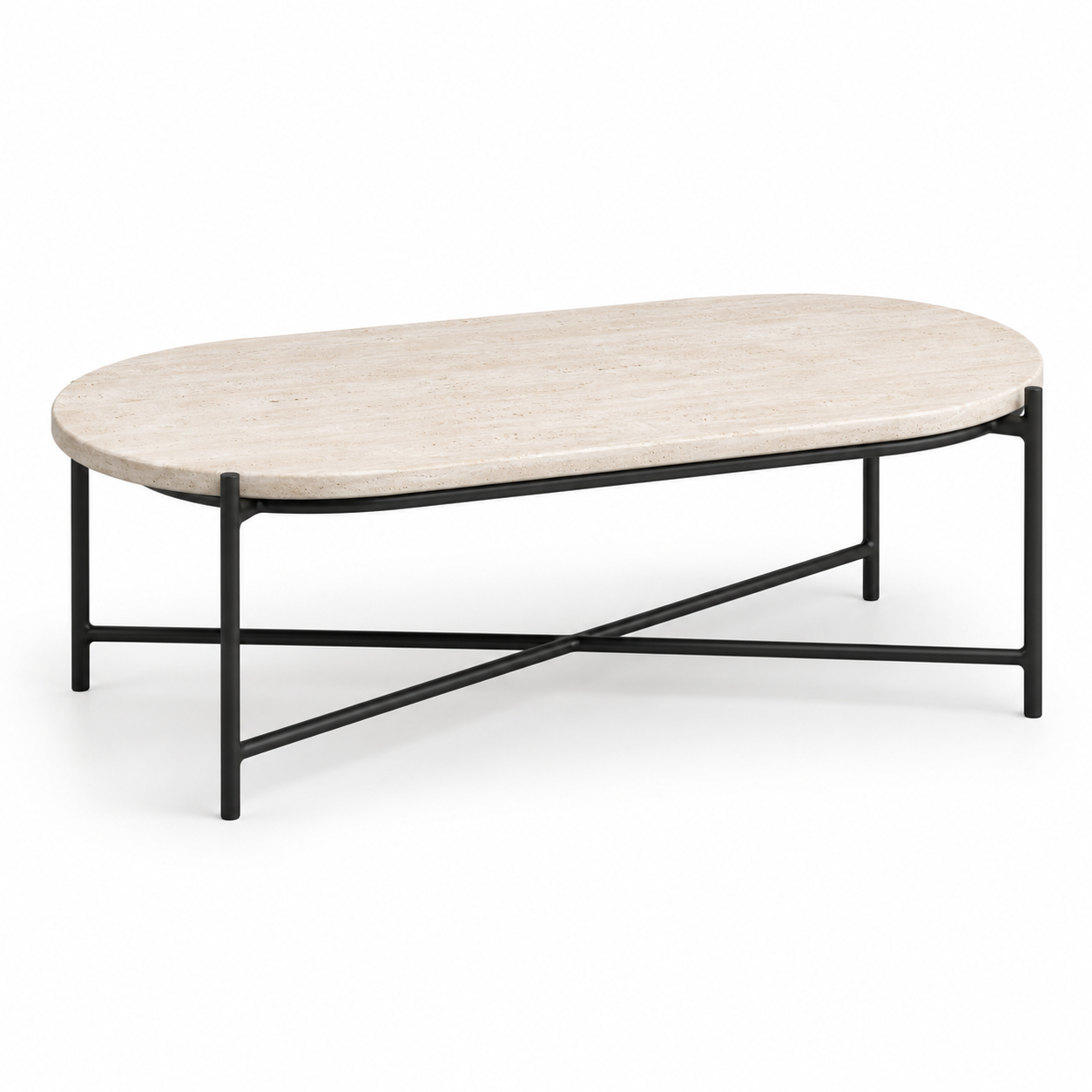 Ovaler Couchtisch in Travertin-Optik 110x60 cm mit schwarzem Metallgestell-OakveraLiving