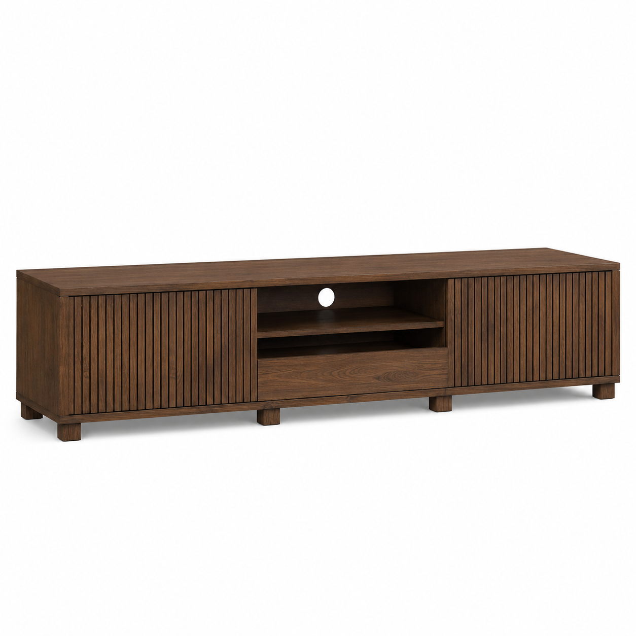 TV-Lowboard Eiche-Dunkel-Optik 180 cm mit Lamellenfront und Kabelöffnung