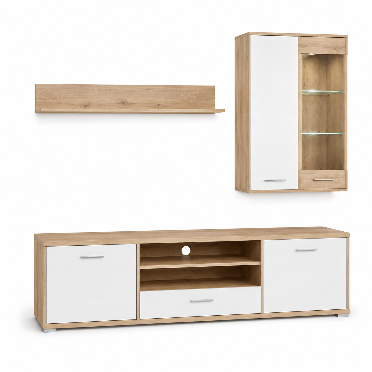 Modulare Wohnwand Eiche-Natur-Optik und Weiß mit Lowboard und Wandregal