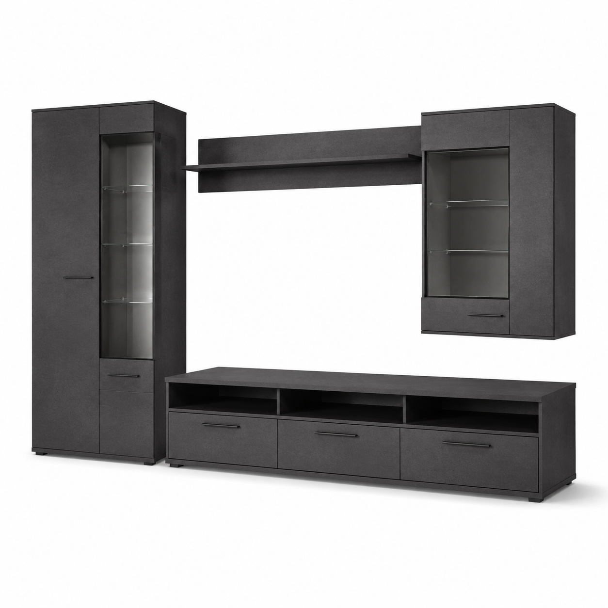 Moderne Wohnwand Anthrazit mit Vitrine und LED-kompatiblen Glasfächern