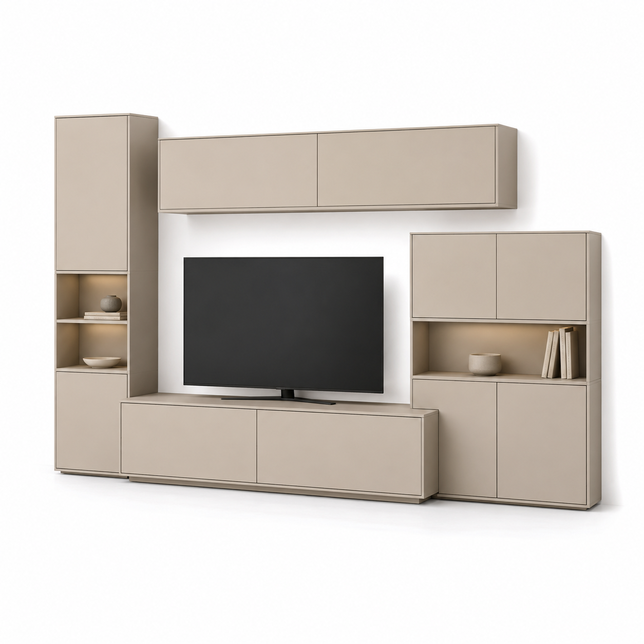 Kompakte Wohnwand in Kaschmir Beige mit geschlossenen Stauraumelementen