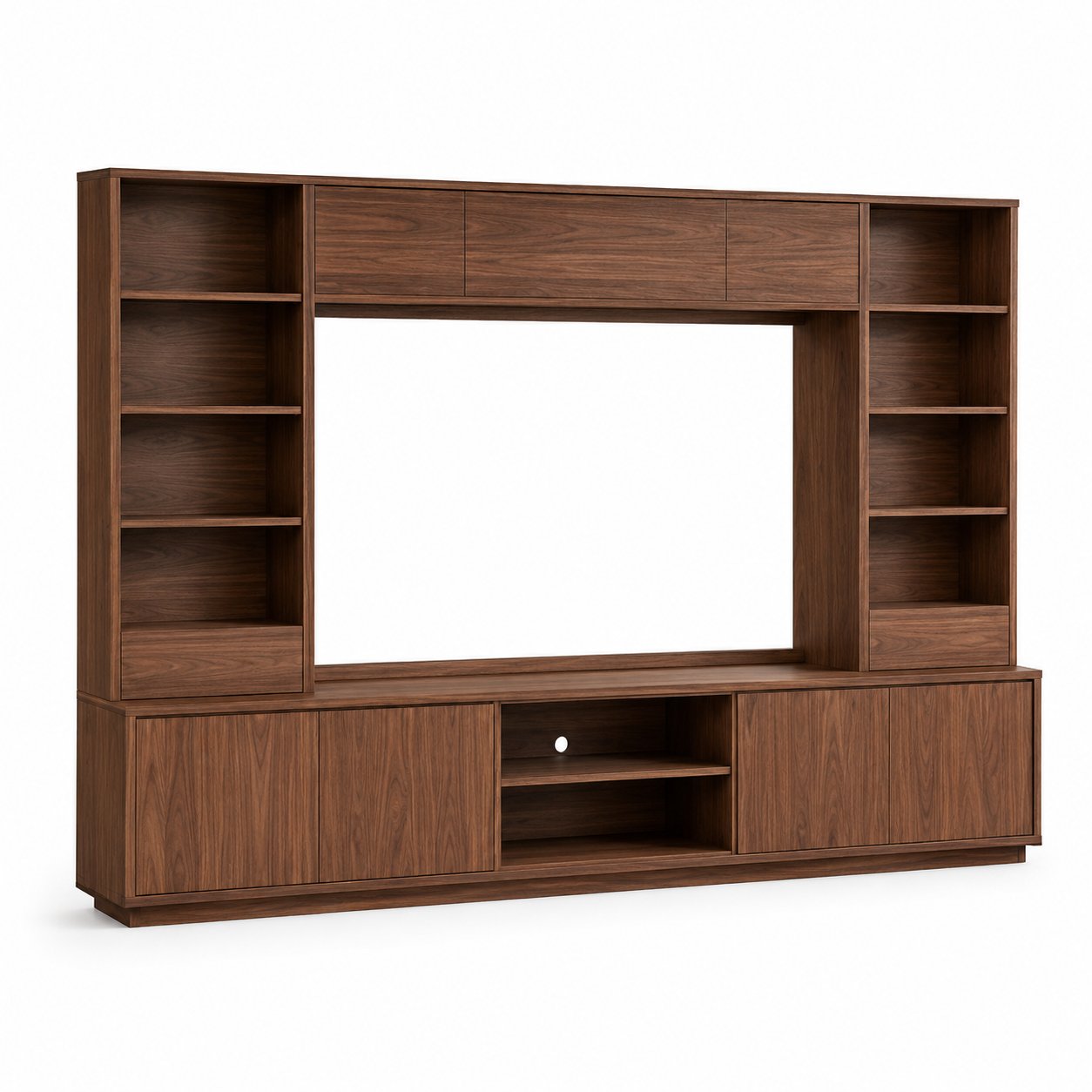 Japandi Wohnwand Nussbaum-Optik mit offenen Regalen und TV-Ausschnitt