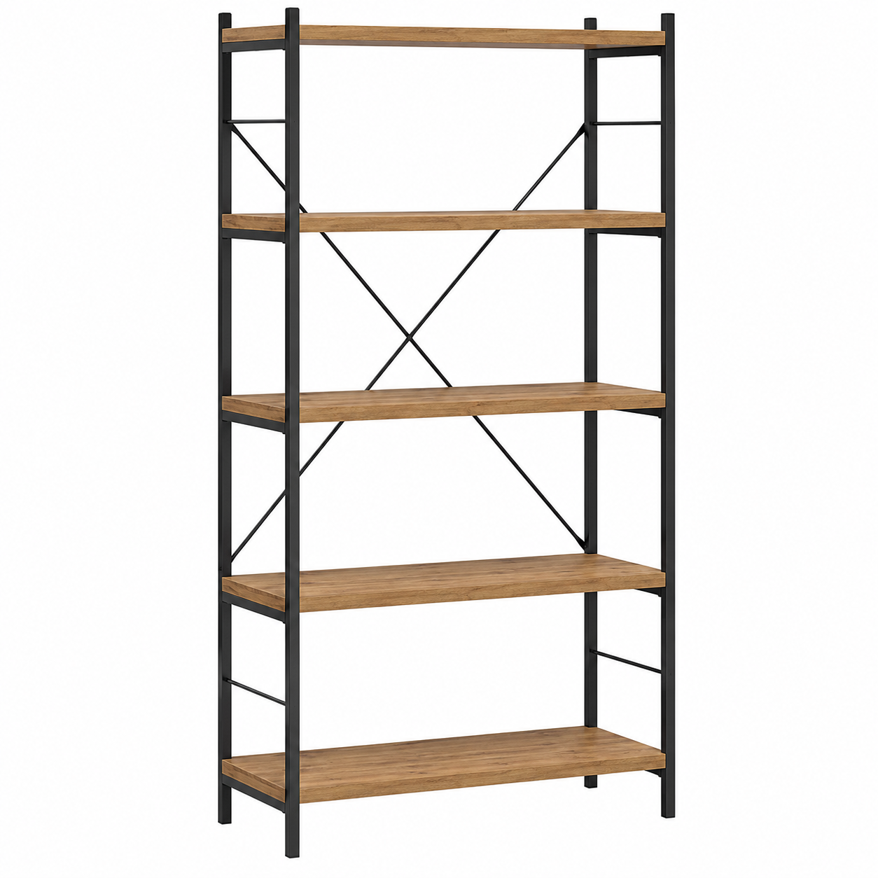 Offenes Bücherregal Schwarz Metall und Eiche-Optik 180 cm im Industrial Look