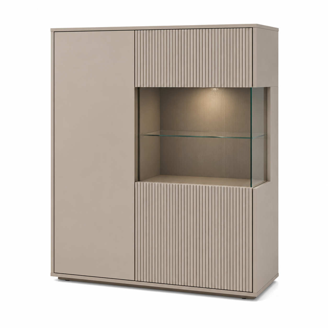 Highboard-Vitrine Kaschmir 120 cm mit geriffelten Fronten-OakveraLiving