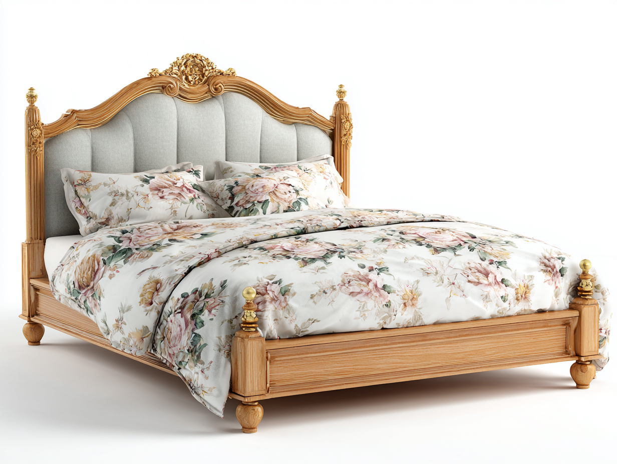 Doppelbett Holz Stoff Kopfteil 200x180x135 cm - Originalholz - Klassisches Design-Hataiadecor