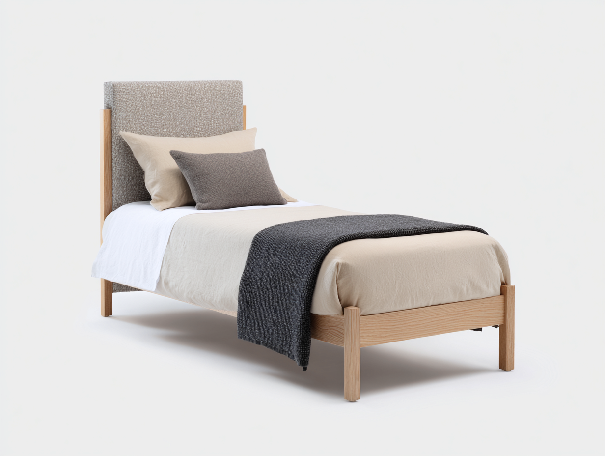 Einzelbett Holz und Stoff 205x95x105 cm Beige-Holzfarben Modernes Schlafzimmerbett-Hataiadecor