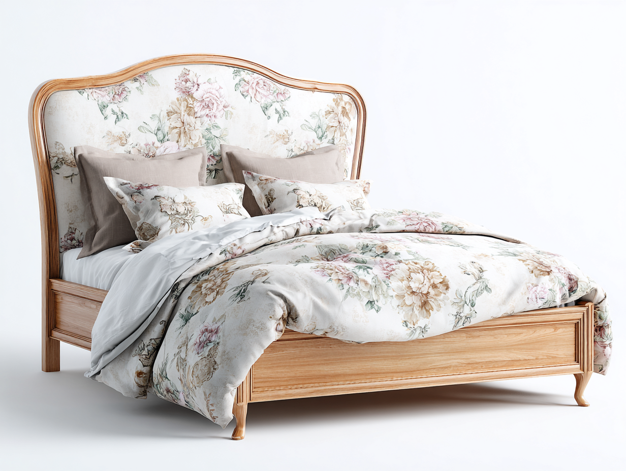 Doppelbett Holz 180x200 cm Blumenmuster Vintage Design - 200x180 cm - Naturholz-Hataiadecor
