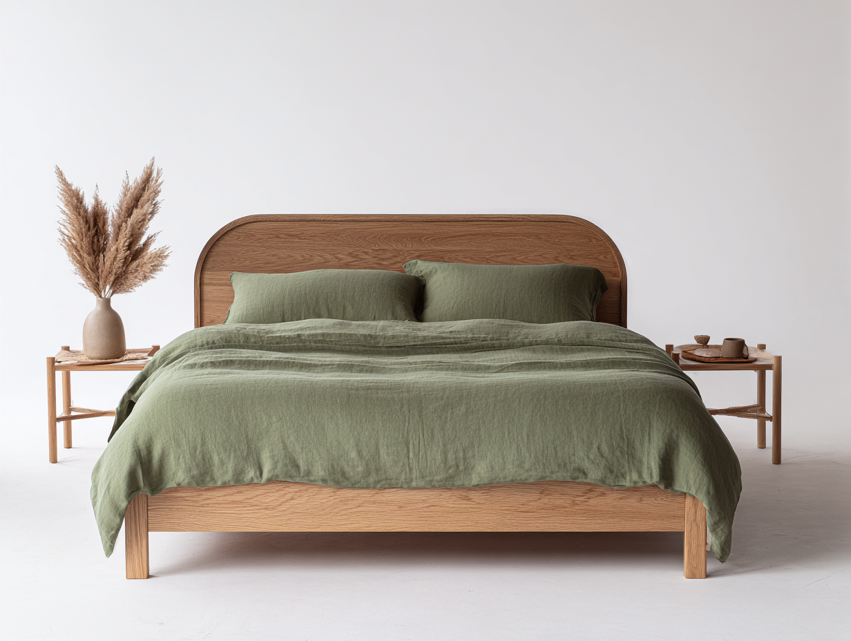 Doppelbett 210x180x95 cm Massivholz Eichenoptik - grün braun - minimalistisches Design-Hataiadecor