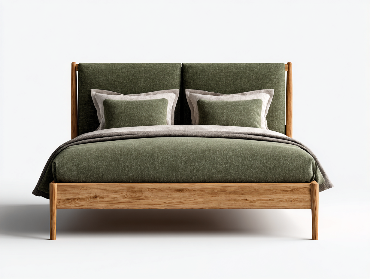 Doppelbett Holz und Stoff 205x160x110 cm Grün-Holzfarben Modernes Schlafzimmerbett-Hataiadecor