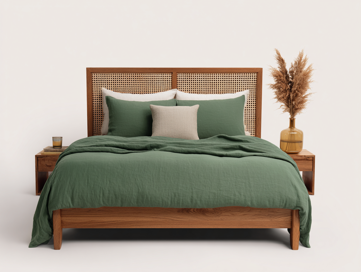 Doppelbett Holz und Rattan 205x160x115 cm Grün-Holzfarben Natürliches Schlafzimmerbett-Hataiadecor