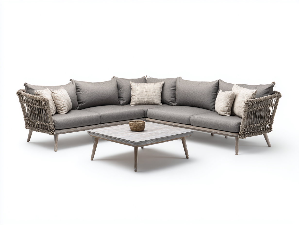 Gartensofa Holz und Seil 210x210x78 cm Grau-Holzfarben Modernes Gartenlounge Set-Ralenlycasa