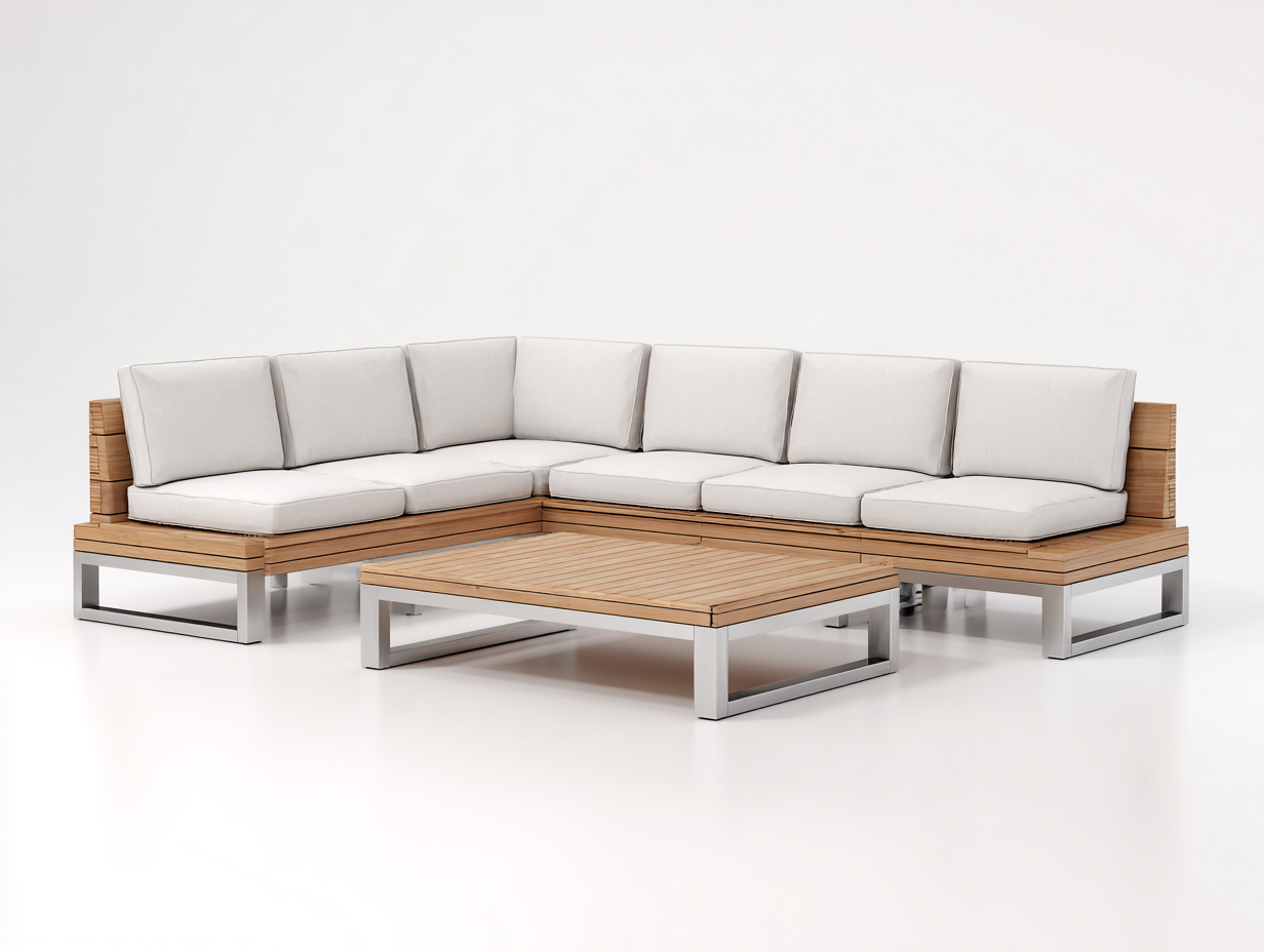 Gartensofa Holz Metall 260x260x72 cm - Originalholz-Weiß-Silber - Modernes Design-Ralenlycasa