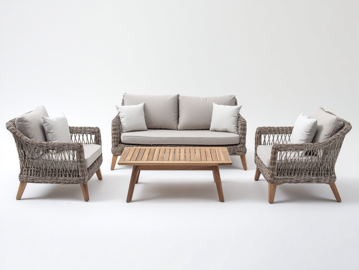 Gartensofa Rattan-Holz 260x180x78 cm - Natur-Beige - modernes Lounge-Design für Außenbereich-Ralenlycasa