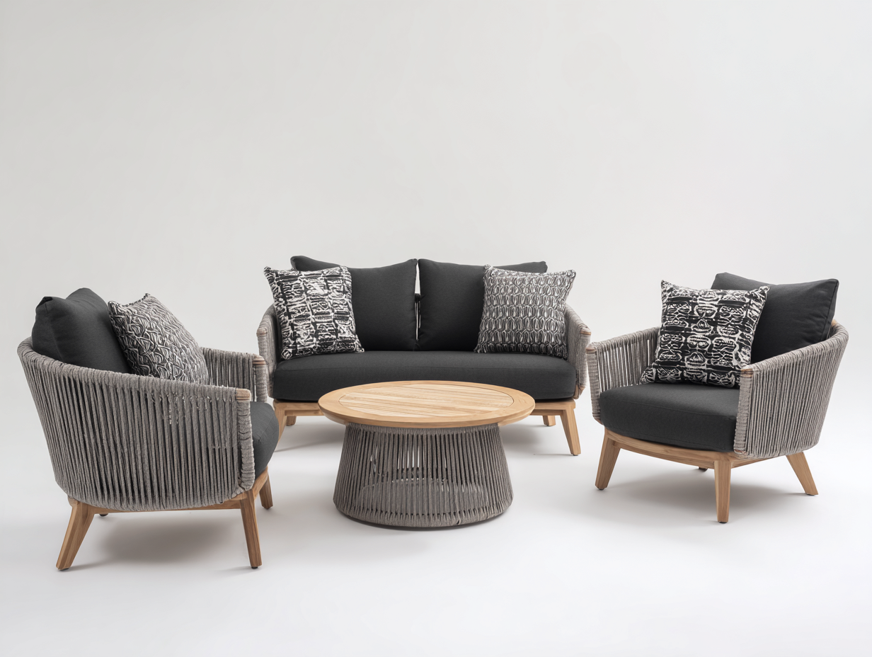 Gartensofa Rattan-Holz 250x170x78 cm - Grau-Schwarz-Natur - modernes Lounge-Design für Außenbereich-Ralenlycasa