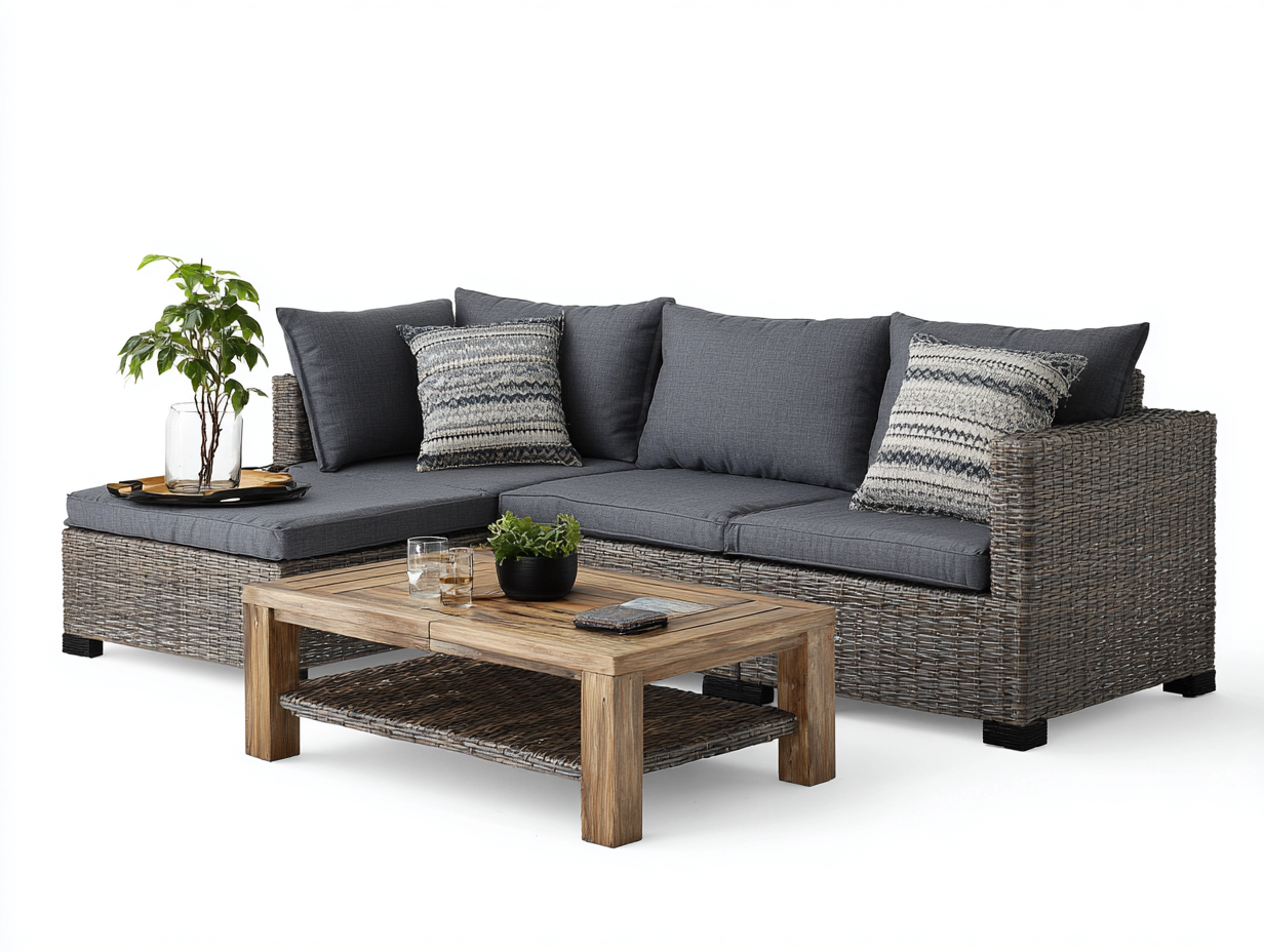 Gartensofa Rattan-Holz 270x190x82 cm - Grau-Natur-Schwarz - modernes Eckdesign für Außenbereich-Ralenlycasa