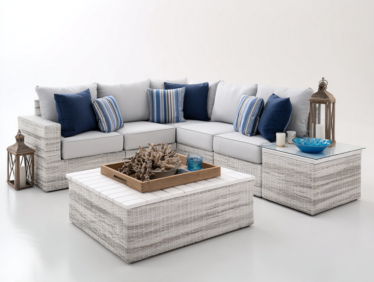 Gartensofa Polyrattan 245x245x78 cm Weiß-Grau Modernes Gartenlounge Set-Ralenlycasa
