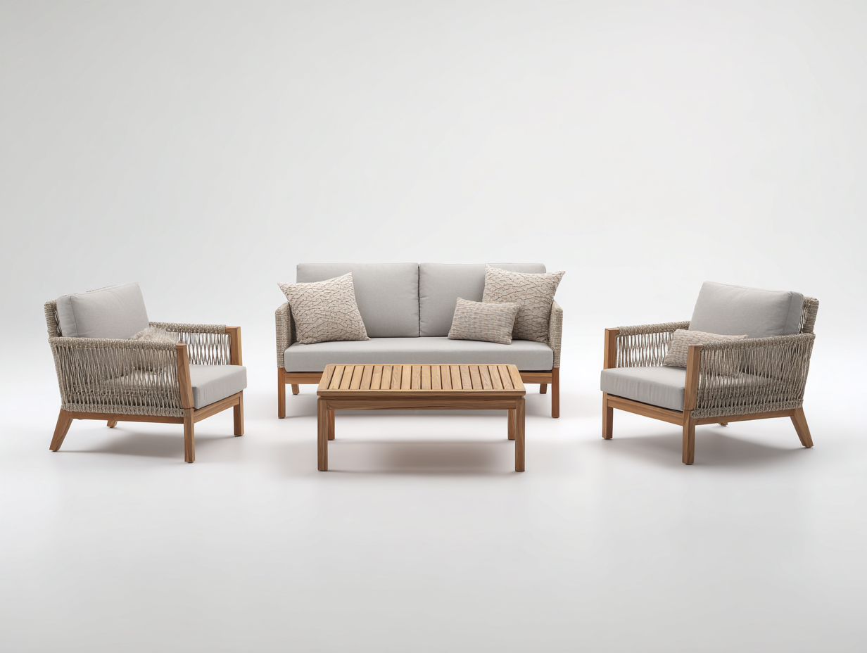 Gartensofa Holz und Seil 210x80x78 cm Beige-Holzfarben Modernes Gartenlounge Set-Ralenlycasa