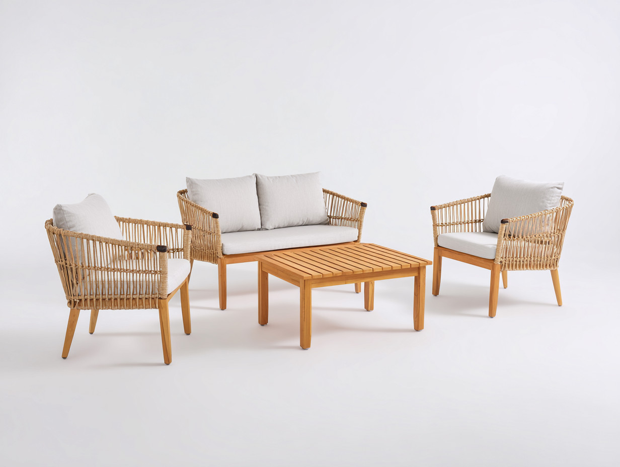 Gartensofa Rattan und Holz 220x80x78 cm Holzfarben-Beige Modernes Outdoor Sofa Set-Ralenlycasa