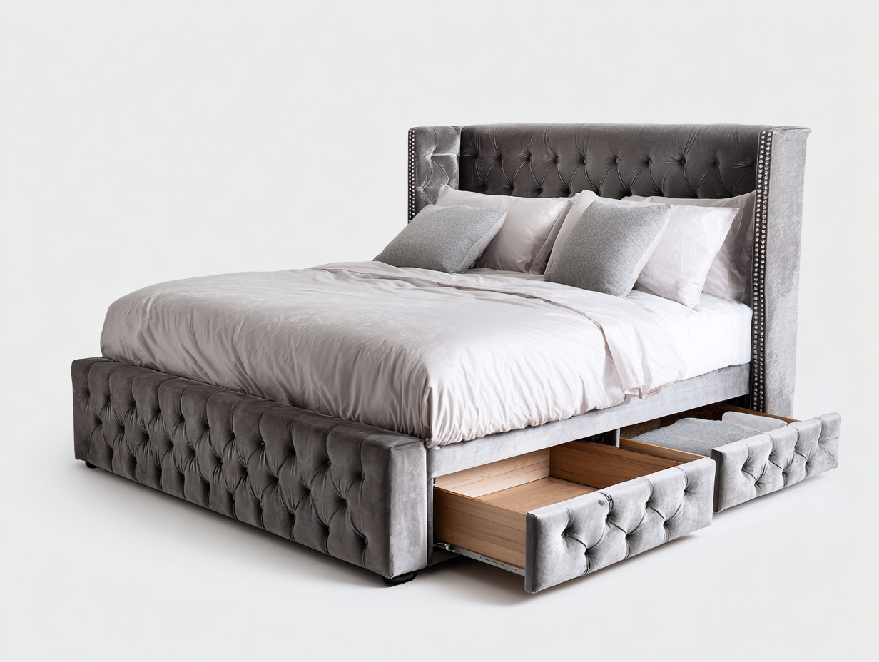 Camas dobles tapizadas de terciopelo 210x160x130 cm color gris para dormitorio - con 2 cajones y diseño clásico-Rodiionest