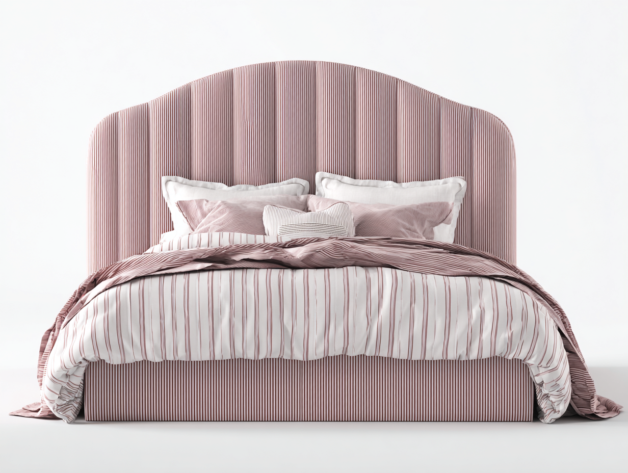 Camas dobles tapizadas en tela rayada 205x168x135 cm - rosa claro-blanco - para dormitorio - diseño elegante con cabecero curvo-Rodiionest