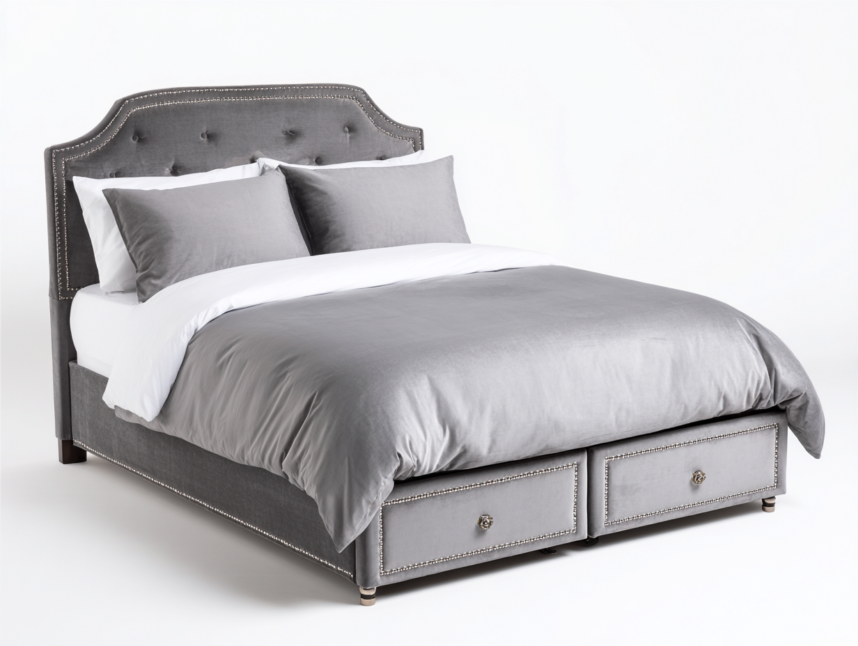 Camas dobles tapizada de tela con 2 cajones 200x160x125 cm - gris - para dormitorio - estilo clásico contemporáneo-Rodiionest