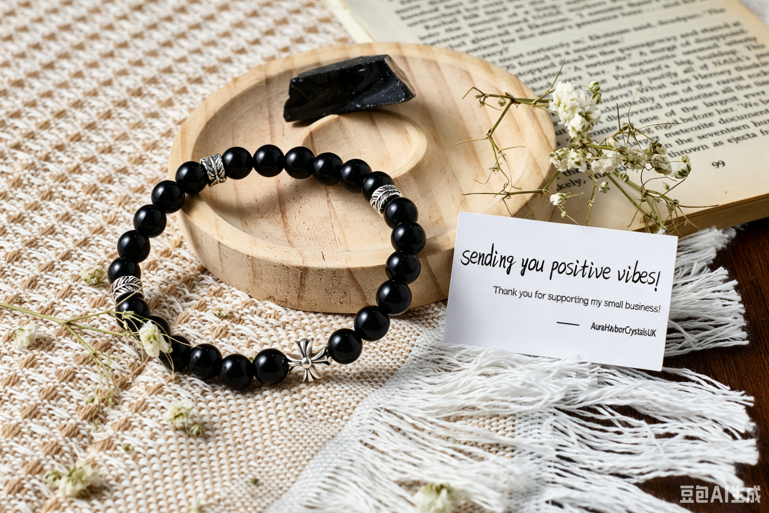 Natural Black Obsidian & Vintage Silver Charm Bracelet (Unisex)