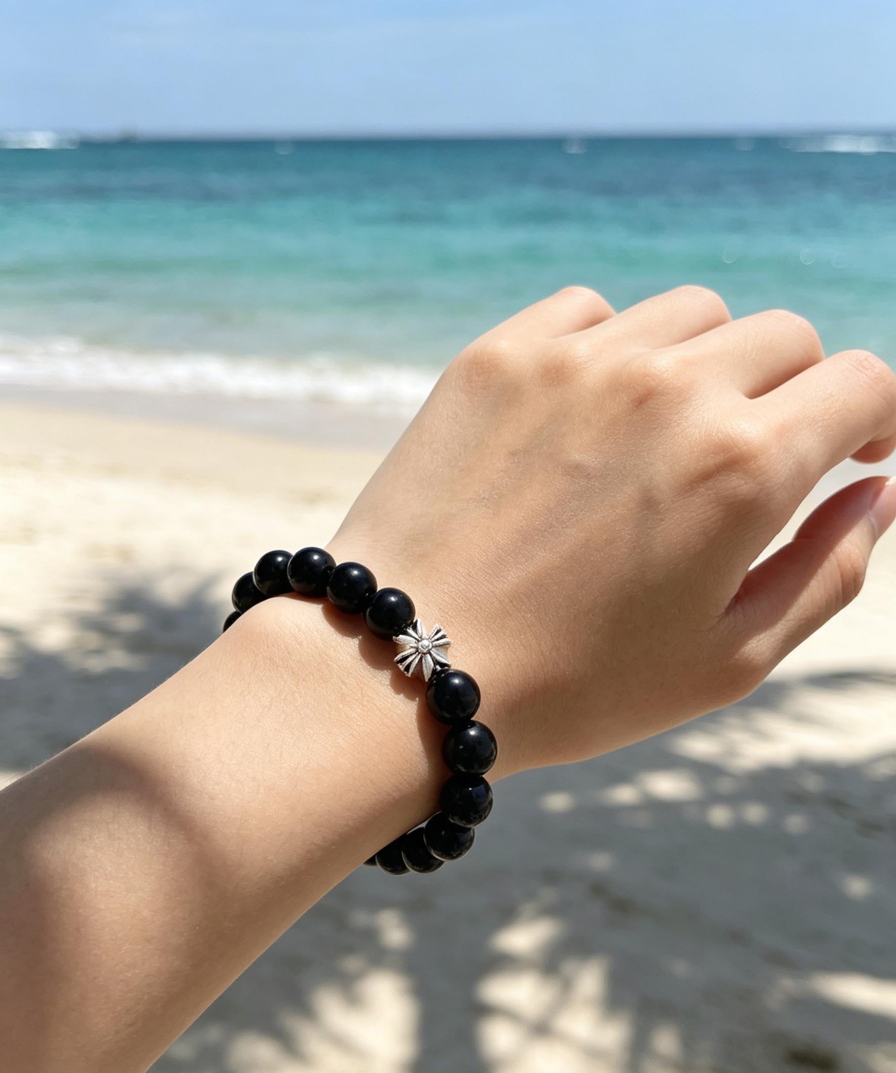Natural Black Obsidian & Vintage Silver Charm Bracelet (Unisex)