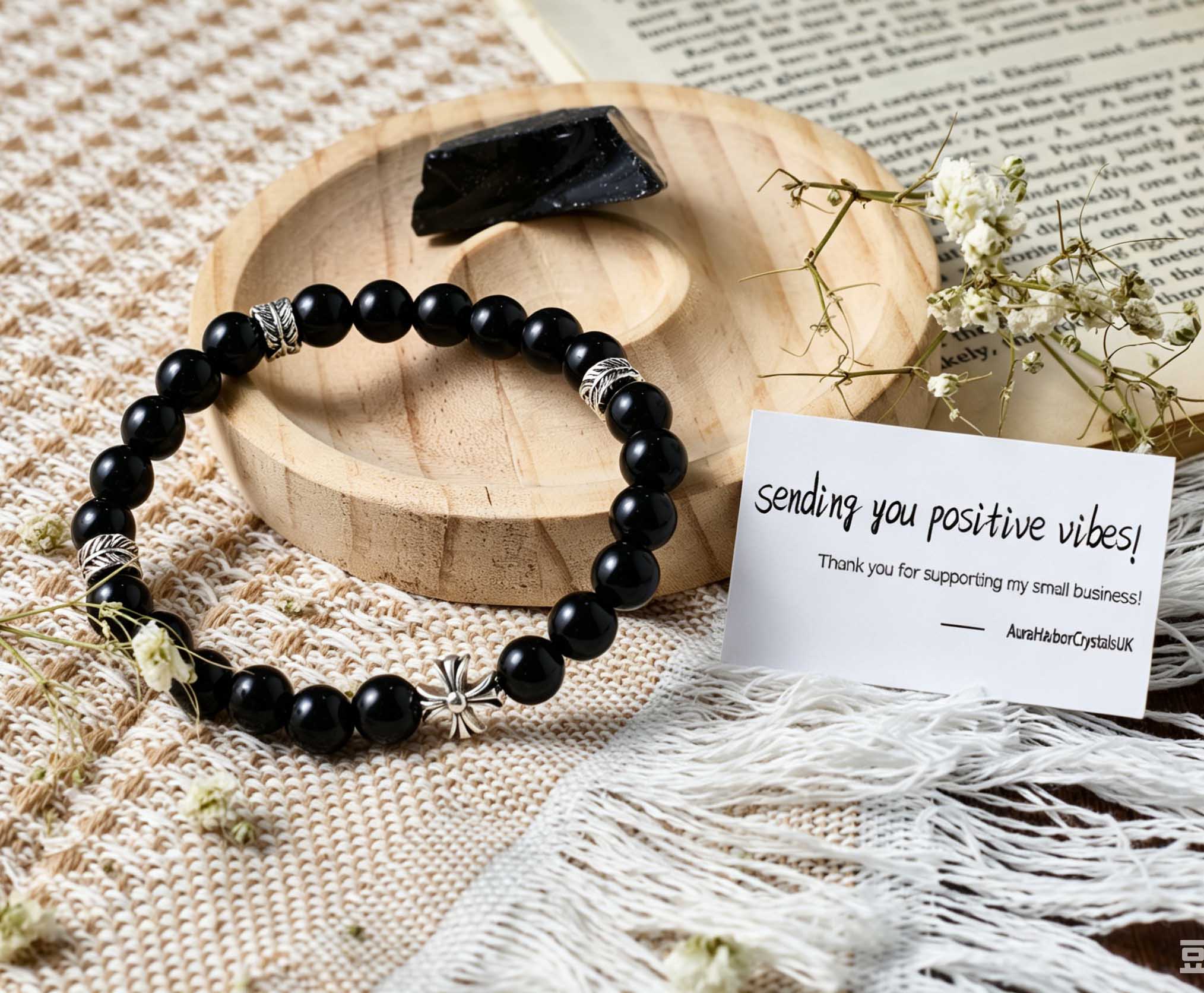 Natural Black Obsidian & Vintage Silver Charm Bracelet (Unisex)