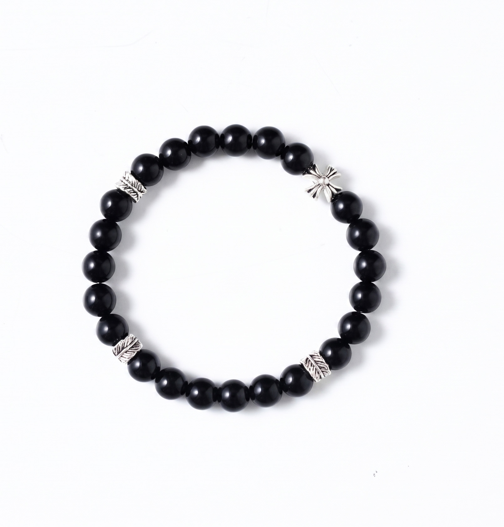 Natural Black Obsidian & Vintage Silver Charm Bracelet (Unisex)
