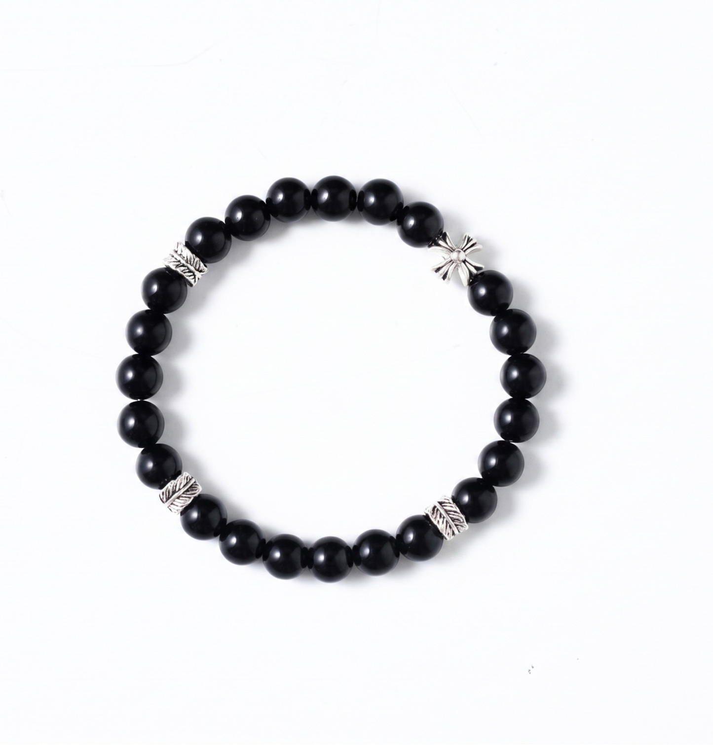 Natural Black Obsidian & Vintage Silver Charm Bracelet (Unisex)