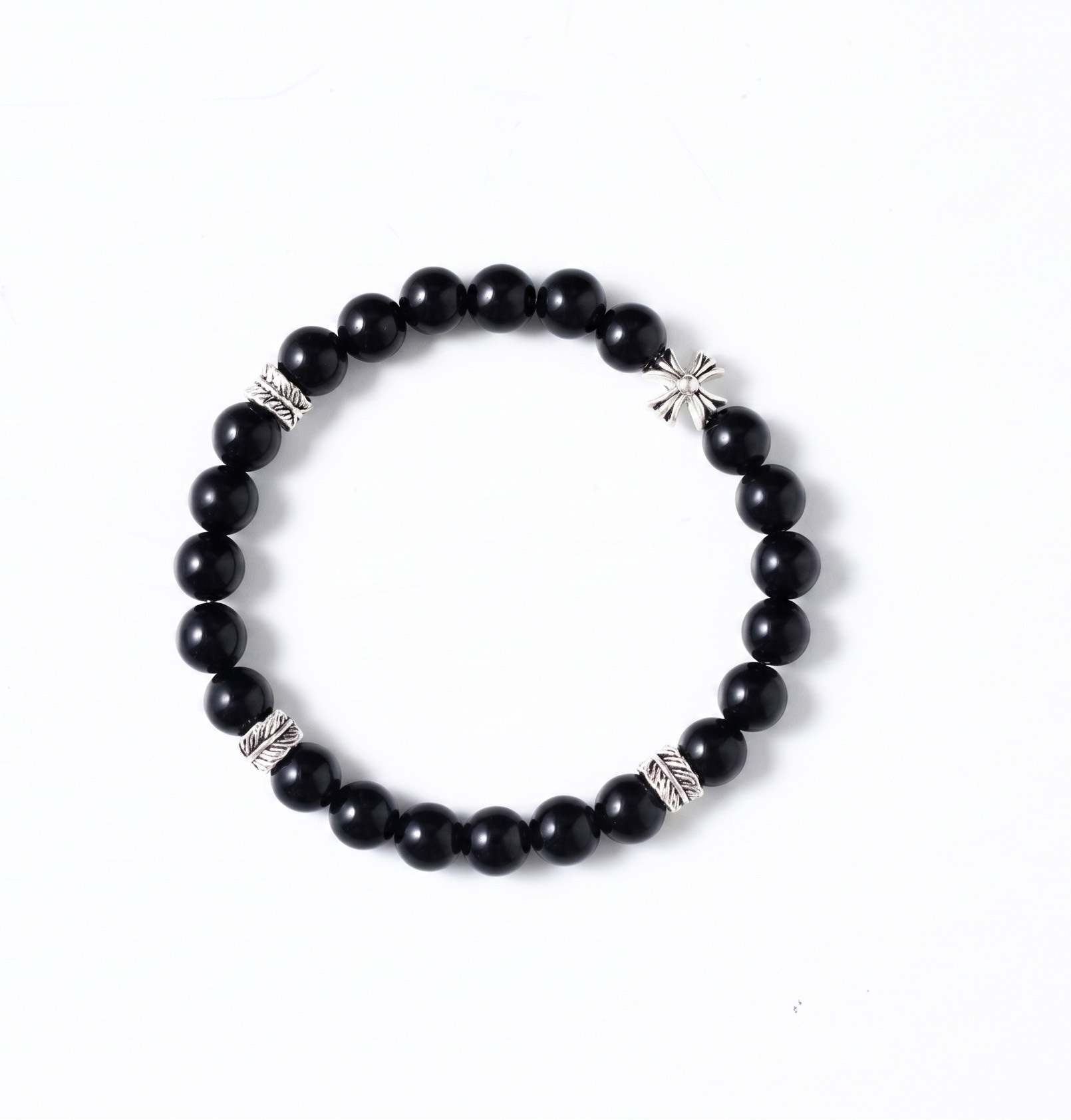 Natural Black Obsidian & Vintage Silver Charm Bracelet (Unisex)