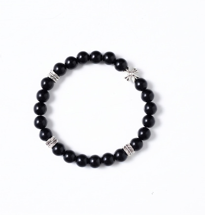 Natural Black Obsidian & Vintage Silver Charm Bracelet (Unisex)