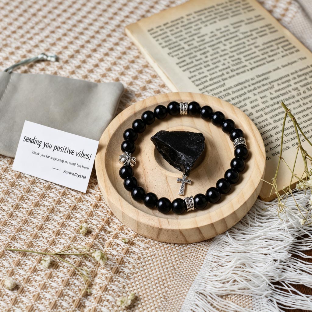 Natural Black Obsidian & Vintage Silver Charm Bracelet (Unisex)