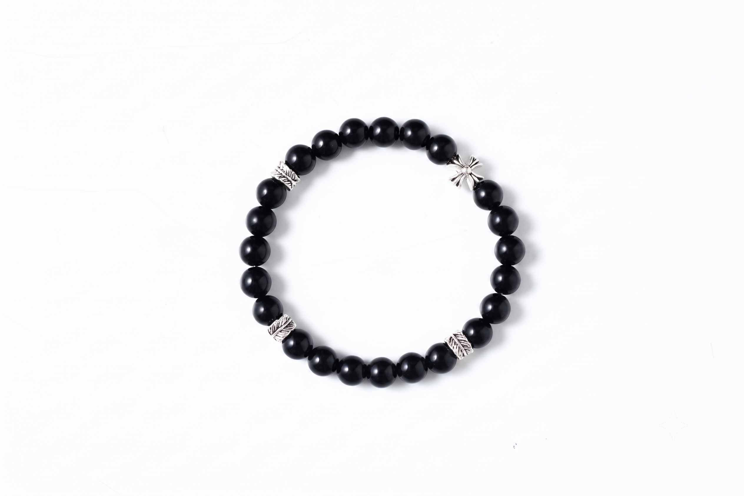 Natural Black Obsidian & Vintage Silver Charm Bracelet (Unisex)