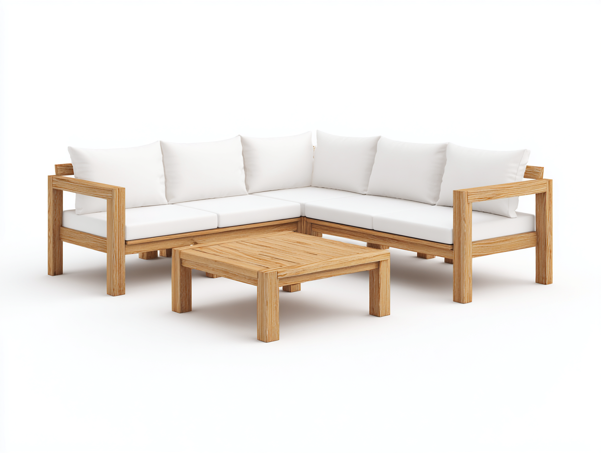 Conjunto de muebles de jardín de madera 220x220x78 cm color marrón claro-blanco para exterior - con sofá esquinero 1 mesa y diseño moderno-Farolohaus