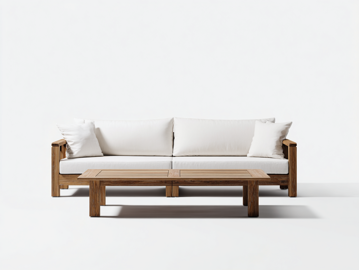 Sofás de exterior de madera 200x80x75 cm color marrón-blanco para terraza - con mesa y diseño moderno-Farolohaus