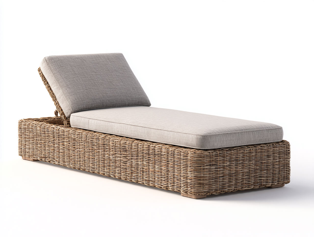 Tumbonas de ratán sintético con cojín 198x68x78 cm - ratán natural-gris claro - para jardín - diseño reclinable contemporáneo-Farolohaus