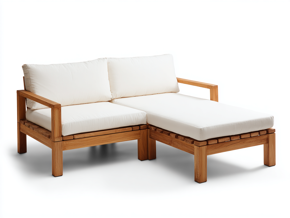Sofás de exterior de madera con chaise longue 210x140x78 cm - natural-blanco - para terraza y jardín - estilo contemporáneo-Farolohaus