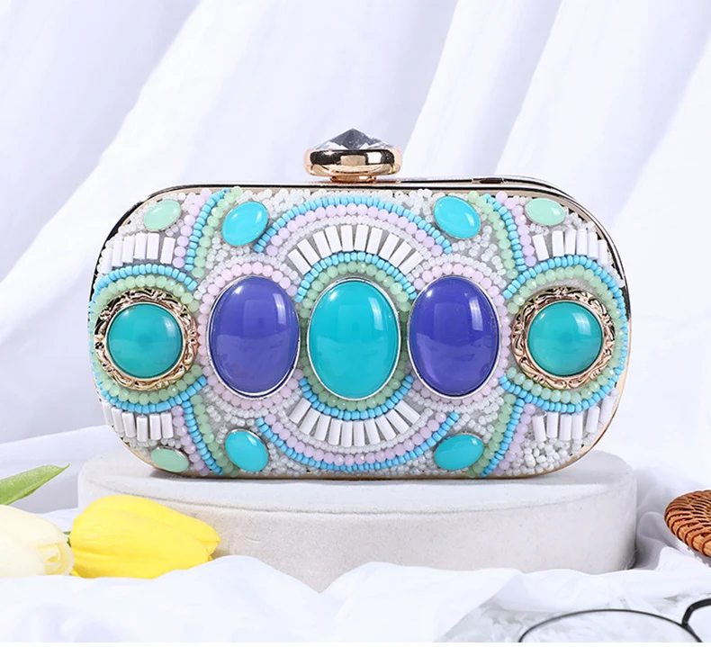 YNSSK Blue Gem Boho Beads Evening Clutch Bag Front View