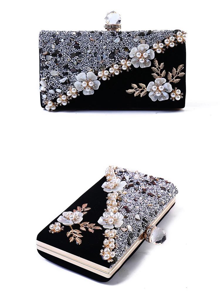 YNSSK Black Floral Beads Clutch Bag Front and Side View