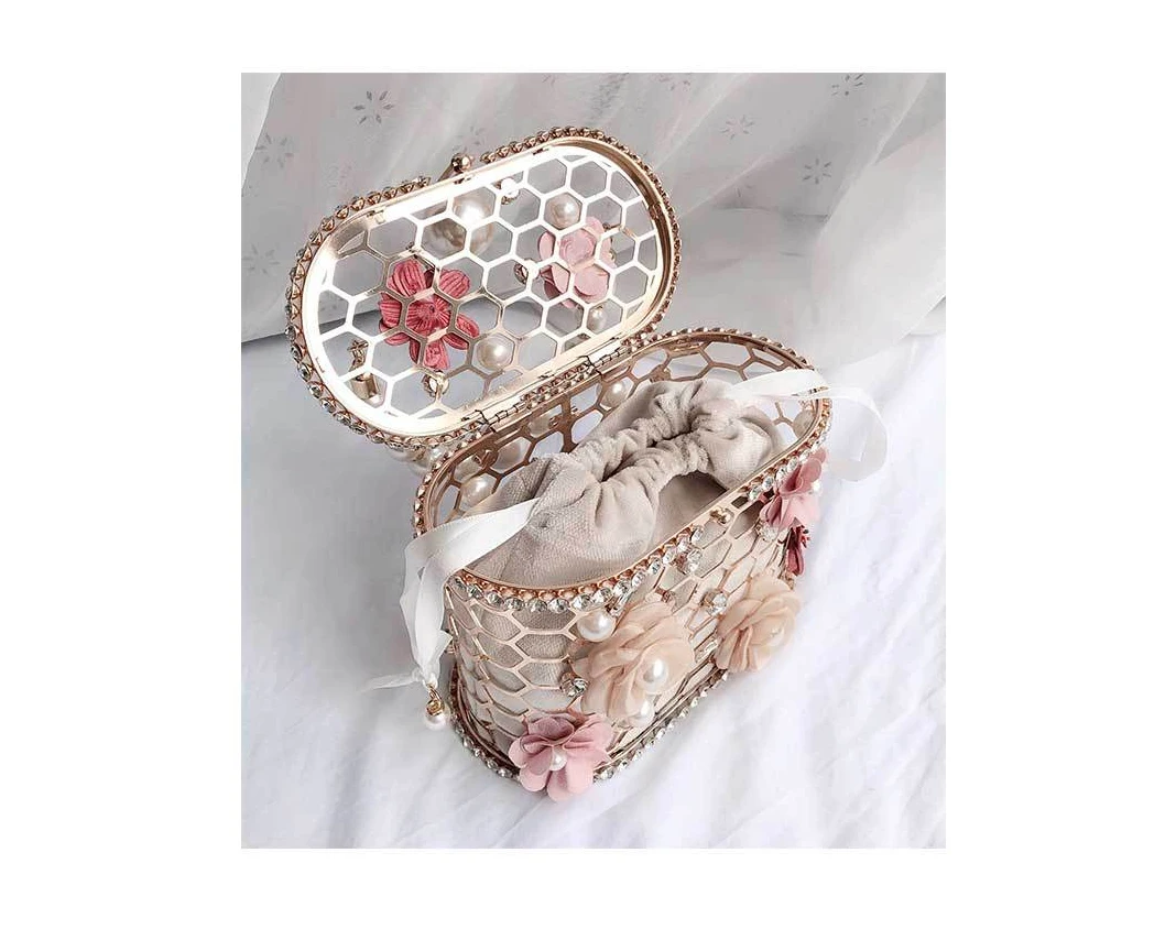 YNSSK Floral Metal Case Basket Clutch Bag Apricot Color Inside View