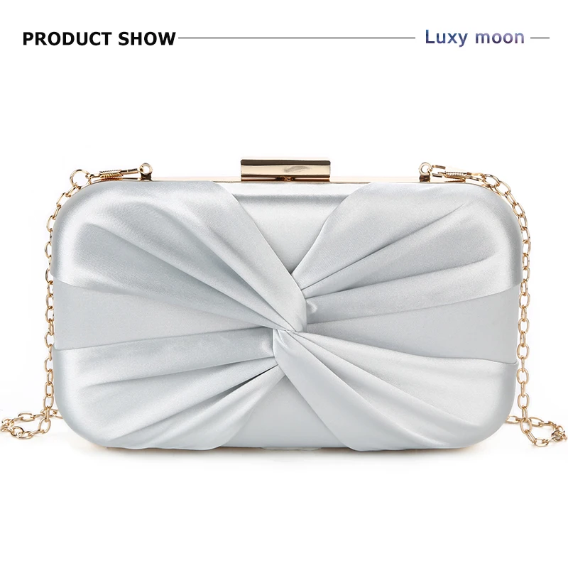 YNSSK Silver Pleated Silk Clutch Box Bag Front View