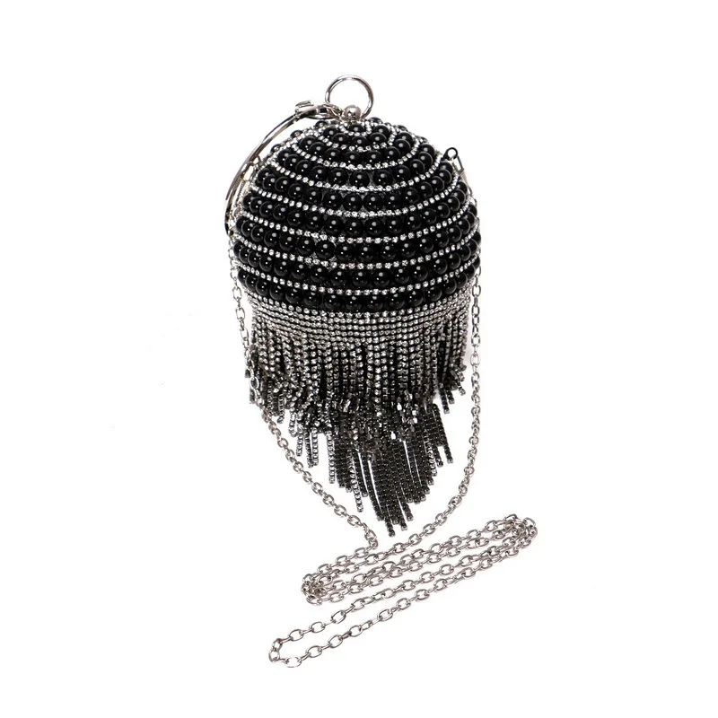YNSSK Black Round Pearl Glitter Clutch Bag Side View
