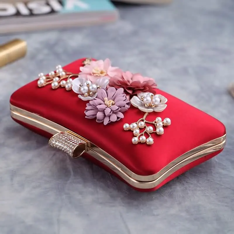 YNSSK Red Floral Velour Clutch Bag for Wedding Top View
