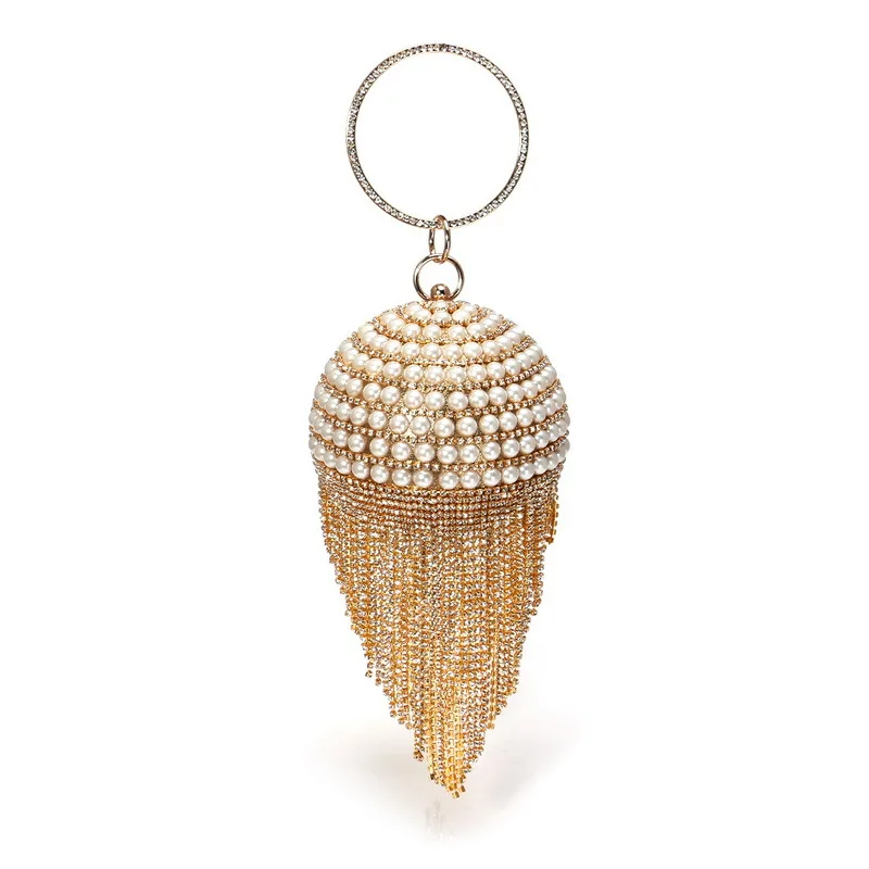 YNSSK Gold Round Pearl Glitter Clutch Bag Front View