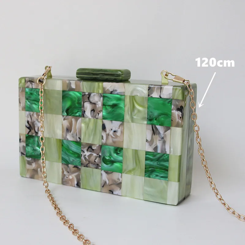 YNSSK Spliced Checked Green Clutch Bags For Weddings with Chain Front View
