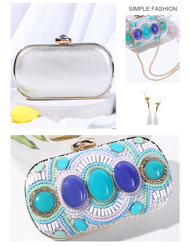 YNSSK Blue Gem Boho Beads Evening Clutch Bag Back View