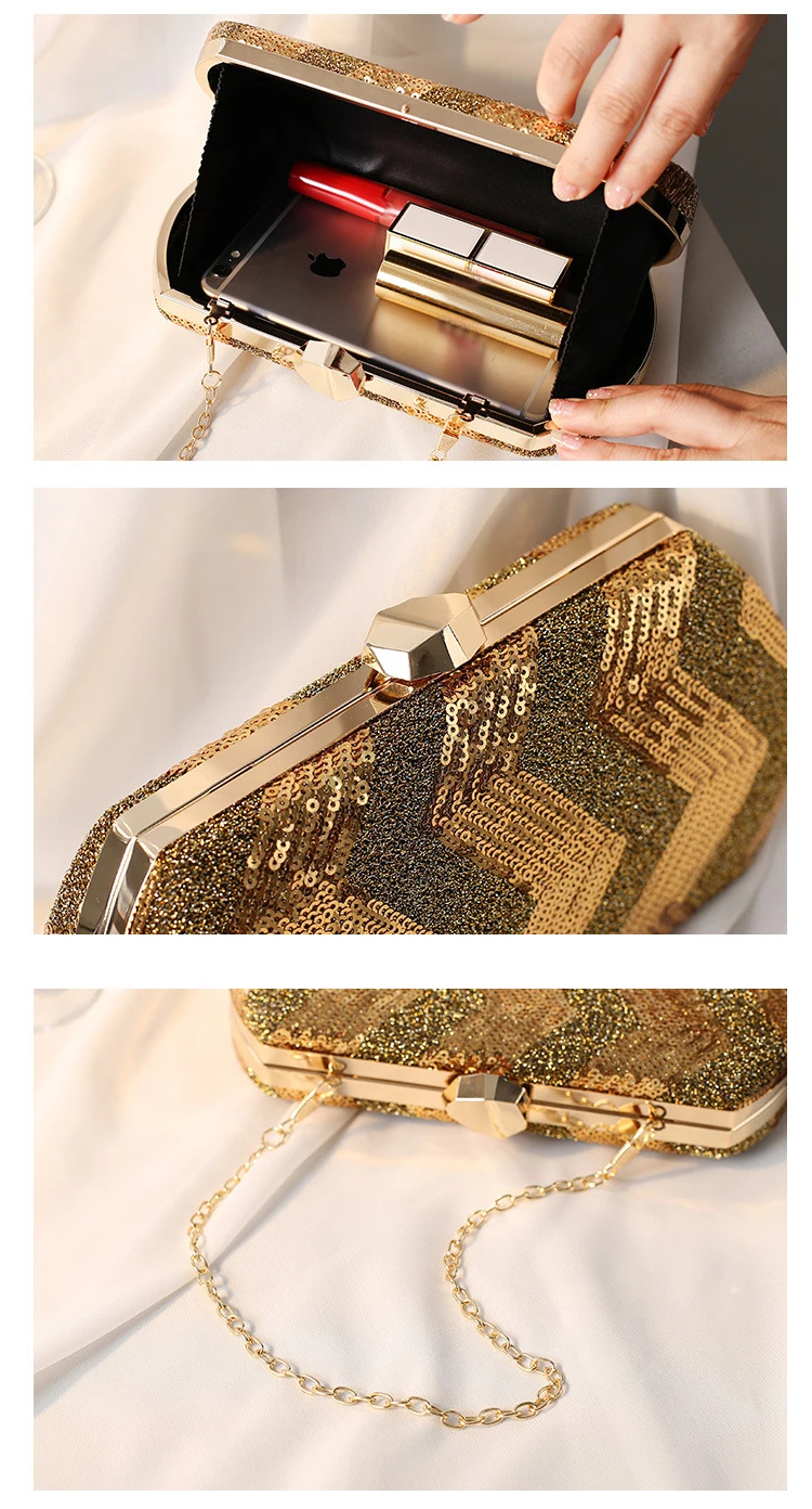 YNSSK Gold Sequin Stripe Clutch Bag Inside View