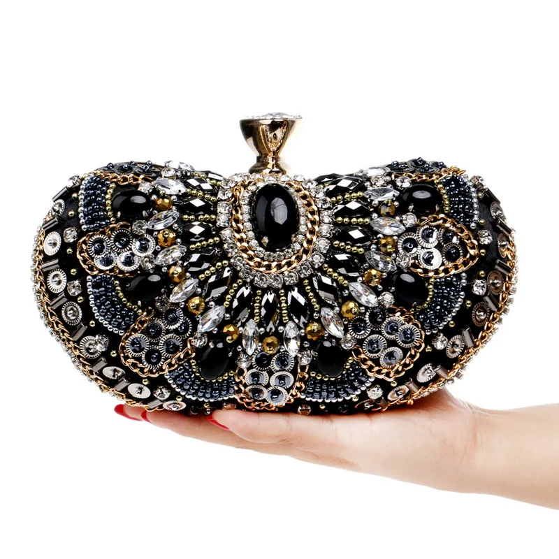 YNSSK Silver Black Crystal Metal Decorative Clutch Bag Front View